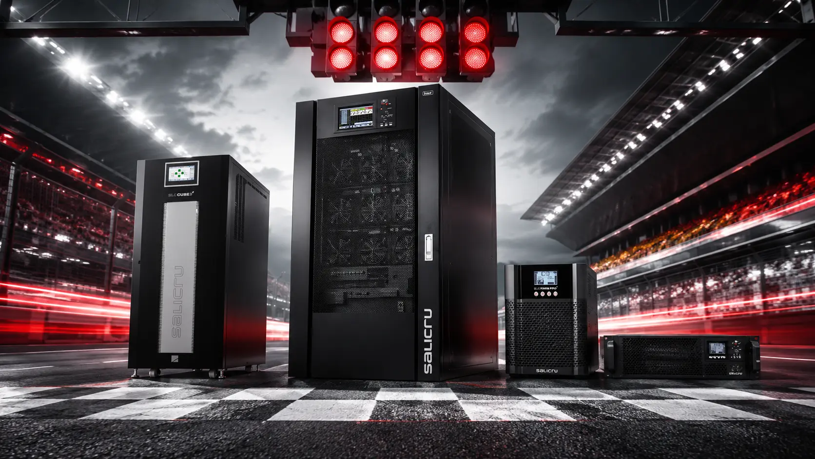 Showcase of CUBE3, ADAPT, and TWIN PRO power units on a racing track background